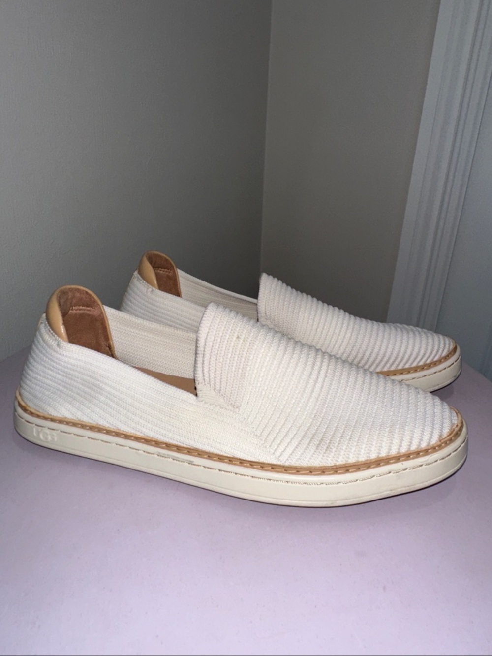 UGG Women's Slip-On Knit Sneakers in Cream with Tan Trim